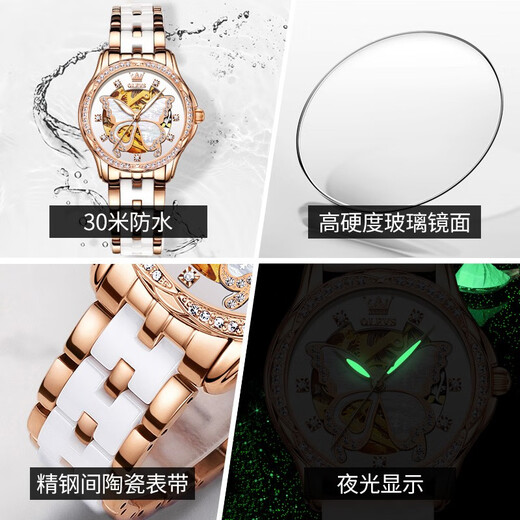 Olevs Swiss Certified Brand Watches für Frauen mechanische Uhren Vollautomatisch leuchtend wasserdichte Frauen Uhren Fashion-Uhren für Frauen OLEVS-6622 CERAMIOMIOKE WHITE Butterfly