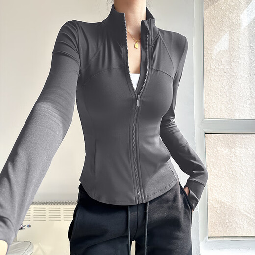 LULULOMDDW Yoga Top Women's Long Sleeve Pilates Professional Training Stand Collar Tight Running Sports Jacket Women Black L