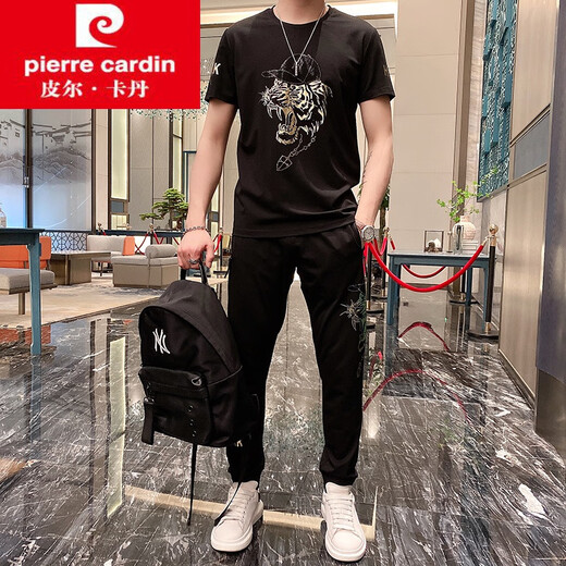 皮尔卡丹烫钻套装T恤男装运动服装休闲运动品牌冰丝短袖帅气时尚搭配帅气 5012黑色套装 M