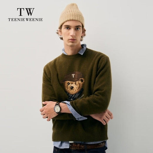 Teenie Weenie Men小熊男装简约圆领针织衫秋冬休闲保暖套头毛衣 军绿色 XL 180