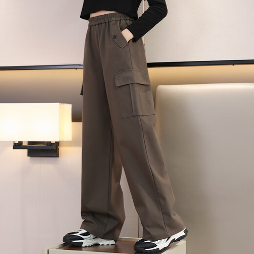 优优1点（Yoyo one）女童工装裤春秋款女孩秋装套装儿童直筒裤子运动加绒阔腿裤女大童 15052咖色  【纯棉-春秋款】 120cm (建议35-45斤）