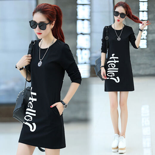 Zhidoudou Plus Velvet 2022 Frühling Neues Frauen-Top Koreaner schlanker runder Hals Langarm T-Shirt mit mittlerer Länge Basishemd für Frauen 6627 Schwarzer Sder Spring und Herbst ohne Samt M 75-100jin [Jin gleich 0,5 kg]