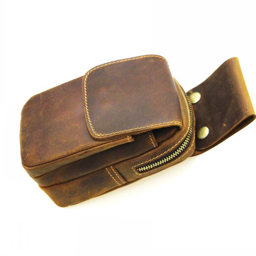Kangaroo Crazy Horse Leather Belt Bag Men's Cowhide Multi-Function Small Bag Pendant Bag Genuine Leather Cigarette Bag Cell Phone Bag Wearing Belt Men's Bag Brown