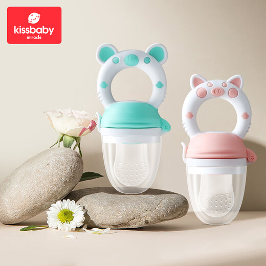 Kissbaby Miracle baby bites, baby pacifier teether, fruit and vegetable bite bag, food supplement, soothing teether, bear blue + piglet powder, 2 pack