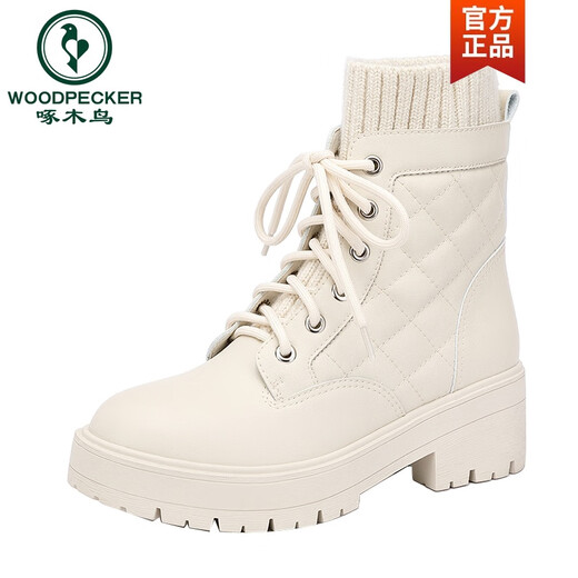 Holzspecker 2025 Herbst und Winter neues Leder im Off-Weiß-Martin-Stiefel für Frauen plus samt dicker Sohle dicker Absatz Vielseitig nicht rutschkurzer Stiefel Beige weißer Samt 36