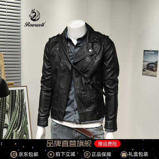 rowswell国潮伦复古斜拉链翻领皮夹克男 多口袋修身茄克个性帅气青年PU皮衣 黑色 2XL