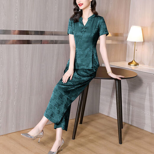 Fhhuabd Small Jacquard Set para mujeres Jacquard Fashion Mother-Egly Gran Tamaño Mother Mother Tisting Slimming Commuting Simple Dos piezas Set N679 Dark Green Set XL 90-105