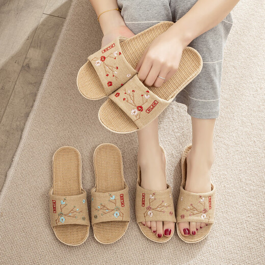 熠牧夏季中国风亚麻拖鞋男女居家情侣防滑软底家用地板绣花麻布凉拖鞋 女款梅花红 37-38 (250mm) 女款