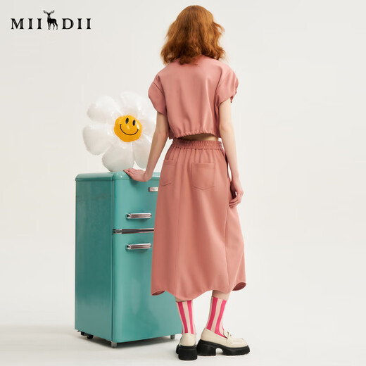 Mystery sports and leisure suit for women 2024 autumn new bud sleeve top + mid-length skirt 243MTZ1198 dry rose color L