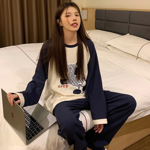 IOSN2024新款睡衣女款春秋冬季长袖网红风宽松学生棉质女士秋款家居服 MZY-16802-套头双长-英文狗头 M80-100斤