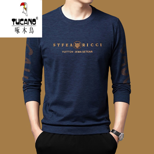 啄木鸟（TUCANO）男士长袖t恤高棉圆领卫衣春秋季新款男装印花打底衫上衣 9929上青 纯棉春秋款 190/4XL建议185-210斤
