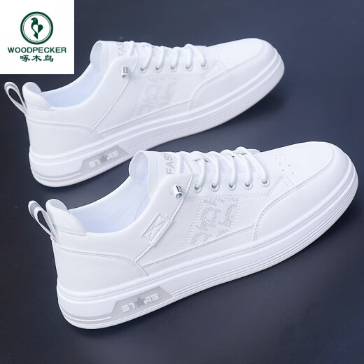 Zapatos para hombres de alta gama de la marca Woodpecker primavera y otoño zapatos nuevos para hombres zapatos de moda para hombres con un pie con un pie, pequeños zapatos blancos versión coreana 9859 rojo blanco 39