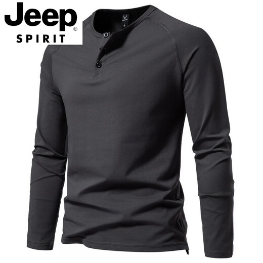 JEEP SPIRIT Spring and Autumn Men's Pure Cotton Henley Collar Long Sleeve T-Shirt Youth European and American Simple Elastic Slim Solid Color Versatile Bottoming Shirt Dark Gray XL 140-160Jin Jin is equal to 0.5 kg