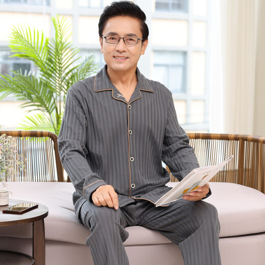 猫人男士睡衣中年中老年人春秋款季新疆棉长袖家居服秋冬款爸爸父 1381 L 建议110-140斤