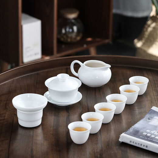 MULTIPOTENT China White Complete Kung Fu Tea Set Jade Porcelain Ultra-Thin Cover Bowl Set 10 Pieces (Anti-Breakage Packaging) YQ0055