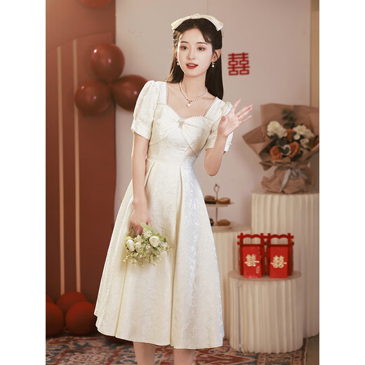 麦斯贝思白色礼服女宴会晚礼服订婚连衣裙日常可穿领证登记小白裙小个子夏 白色 M 建议96-105斤