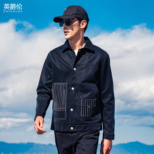 英爵伦（Enjeolon）英爵伦 秋季男士帅气PU皮衣 复古休闲翻领机车皮夹克条纹外套 黑色 170/100A(M)