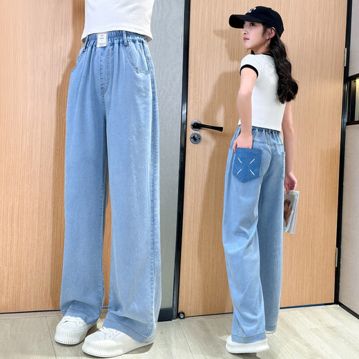 NICKYBABY女童夏季牛仔裤套装2025新款网红洋气儿童初中生夏装短袖阔腿大童 9889白色+15023蓝色 170