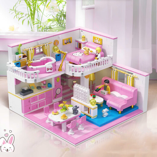 
Zhegao Family Qifu Building Blocks Duplex Villa Building Blocks Assembled Compatible with Lego House Girls Toys Girls Cabin Playing House Street View Puzzle Wangwang Apartment Villa + Lighting [1048 Grains]