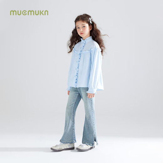 Mucmukn Blue Wave Dream Tencel Lyocell fungus edge stand collar blue shirt girls spring and autumn cute sweet shirt blue 120cm