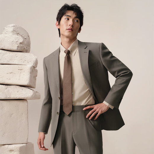吉约蒙西服套装男商务休闲西装职业正装修身棕色新郎结婚礼服西装套装 砂陶棕【上衣+裤子+衬衫+领带】 50