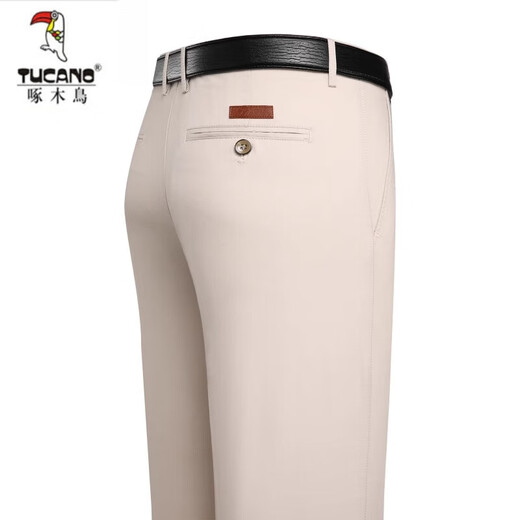 啄木鸟（TUCANO）男士纯棉休闲裤春秋薄款西装裤中年高腰深裆直筒裤宽松爸爸装长裤 9855米白 40 【腰围3尺1】