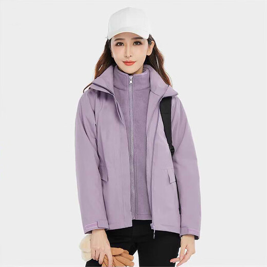 Simboo jacket for men, thickened three-in-one windproof and warm coat plus velvet removable mountaineering and skiing outdoor clothes 12805 purple-women XL