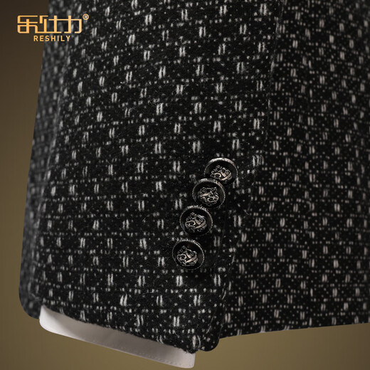 乐仕力品牌潮流羊毛西服外套男士秋冬季休闲西装韩版修身厚款日常单西男 黑灰网格单外套 185/XXL/54码