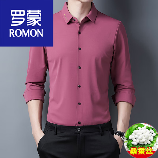 罗蒙（ROMON）男装 仿桑蚕丝衬衫男长袖免烫刺绣无痕衬衣秋季中年男士商务 黑色6221 165/80A