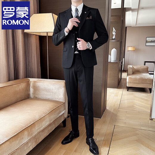 ROMON high-end suit suit men's slim large size suit business professional formal dress groom and best man wedding dress black suit + vest + trousers M