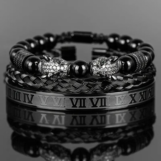 
Pangdonglai quality double-headed leopard bracelet copper micro-set zircon black agate bracelet woven men's stainless steel Roman bracelet stack ZJ12805