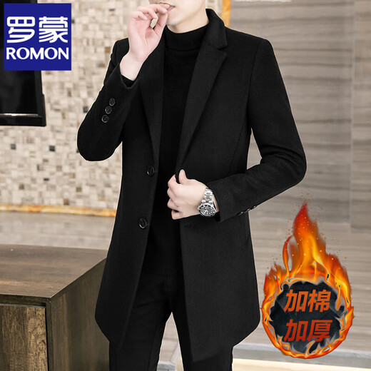 ROMON Wool Woolen Coat Men's Slim Mid-Length Windbreaker Autumn and Winter Thickened New Woolen Men's Jacket Korean Version Black 2XL
