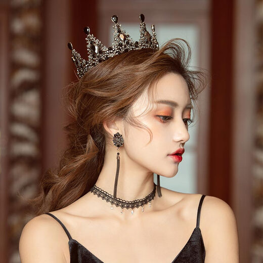 施伯慕皇冠头饰成人新娘黑色网红同款婚纱奢华王冠发饰生日礼物女王礼服 欧美女神皇冠 （送礼盒）