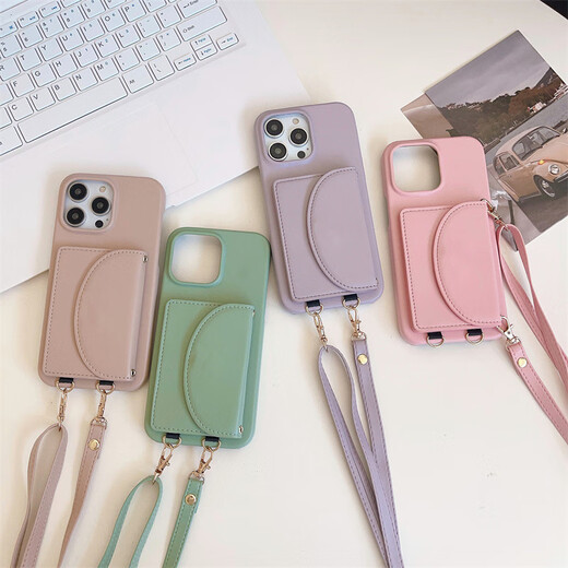 怡伽适用iPhone15手机壳卡包挂绳苹果13腕带插卡荔枝纹苹果14手机壳 双层零钱包黑色 iPhone15promax