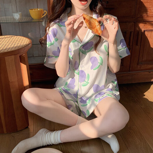 Tulip Pajamas Women's Short Sleeve Sweet Ins Small Fresh Girls Pajamas Comfortable Breathable Outerwear Set FY3937 M Recommended 80-100Jin Jin equals 0.5kg