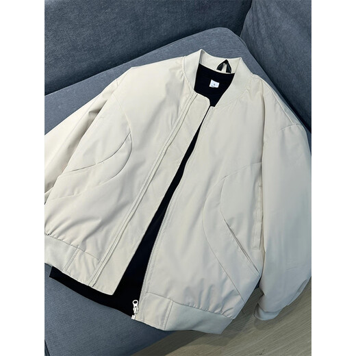 QuMiLe American cleanfit bomber jacket men's autumn and winter retro high street fashion brand couple's same style jacket top white XL