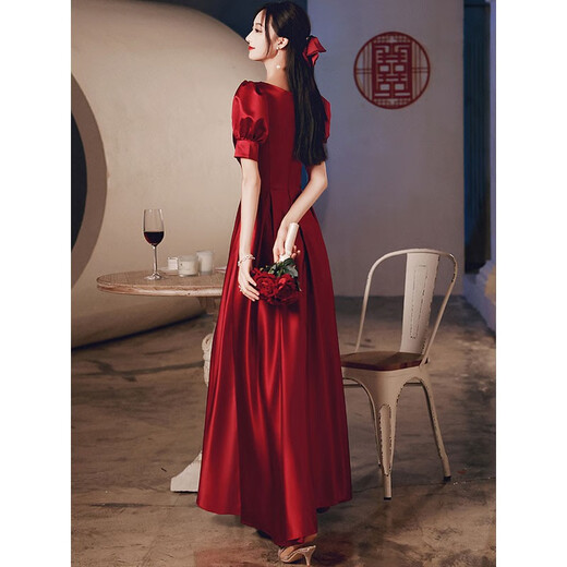 SAIDELE Satin Toast Wear Bridal 2025 New Wedding High-end Light Luxury Engagement Evening Dress Women's Red Summer Burgundy Mid-Length Style M (Recommended 96-105 Jin Jin is equal to 0.5 kg)
