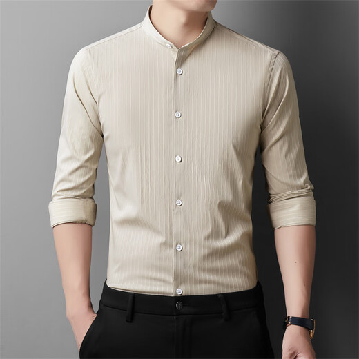 Pierre Cardin Bamboo Fiber Stand Collar Long Sleeve Shirt Men's Young and Middle-aged Spring and Autumn New Business Casual Men's Tunic Shirt Khaki 50-L-110