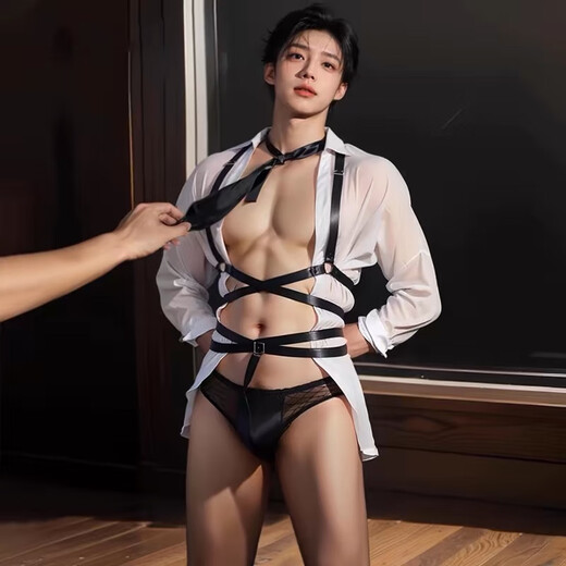 Men's sexy underwear thong can be worn when going out, men can wear private sexy underwear in valet uniform, white shirt + tie + elastic band, built for men and women, cos clothing, fake 0-girl gay sexy underwear