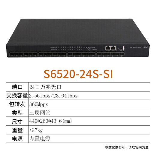 华三（H3C） 企业级万兆交换机 三层网管型核心汇聚SFP光纤口划分VLAN以太网网络交换器 S6520-24S-SI 24口万兆光 应用于万兆到桌面或中小企业网络的核心