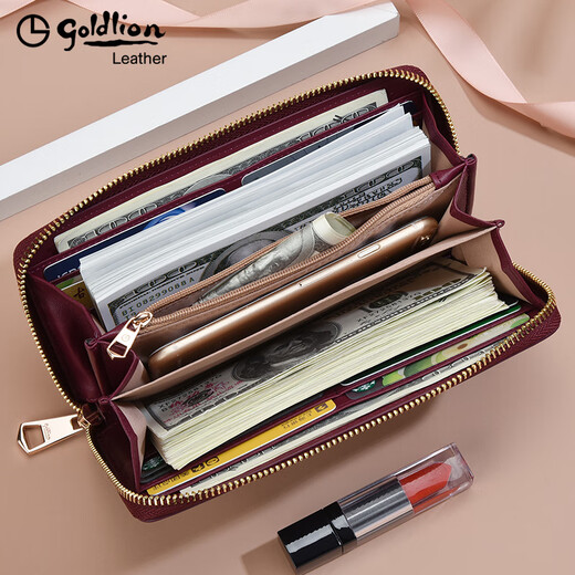 Goldlion handbag women's long wallet fashion glossy leather wallet multi-functional women's zipper cowhide clutch mother bag black exquisite gift box