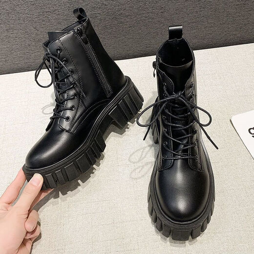 Lekali British style Martin boots for women, thick sole short boots, small heightened leather shoes with skirt work boots single boots for women, black 38