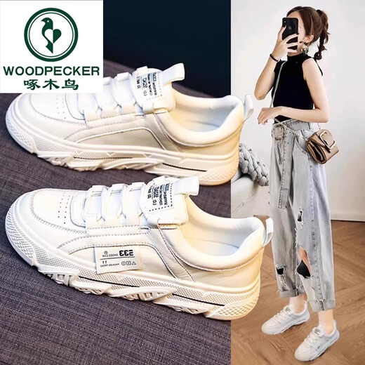 
Woodpecker genuine leather white shoes for women 2025 new spring and autumn shoes versatile casual breathable dad sports casual shoes white rubber non-slip bottom 38 standard code