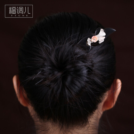 Fu Tiaoer handmade silver hairpin, ginkgo leaf U-shaped sandalwood hairpin for women, ancient style Hanfu headdress, hairpin, Valentine's Day gift 1