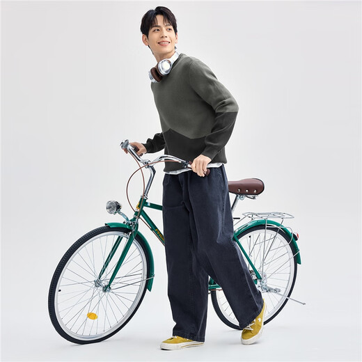 Giordano sweater men's autumn and winter new combed pure cotton color-blocking round neck pullover knitted sweater men 01054781 53 wreath green L