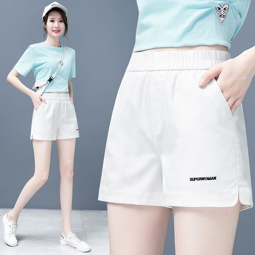 PUHP Women's Casal Shorts for Women in Summer New Style coreano coreano bordado a alta cintura a alta cintura A-línea caliente Pantalones de patas anchas White 9909 M 95-105Jin [Jin iguala 0.5 kg]