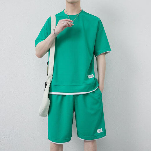 
Hair funny clothes for men in summer waffle ice silk short-sleeved T-shirt for men in sports fake two-piece short-sleeved casual suit men's clothing set with handsome half-sleeved solid color gray apricot color (X3880 set) xs 30Jin[Jin equals 0.5 kg]