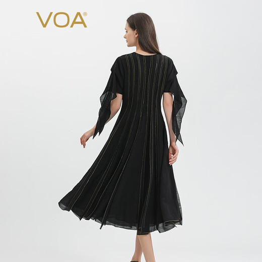 VOA Jacquard Mulberry Silk noir V-col en jaune jaune brillant décoration Coin pointu à manches courtes à double couche Robe de soie AE1396 Night Sky Black (B94) L