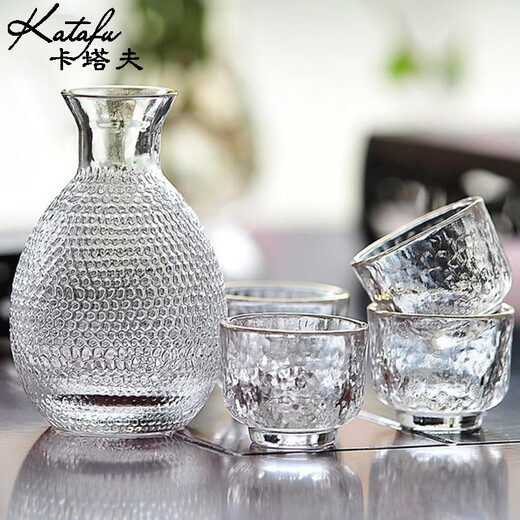 Katav Japanese-style sake pot set hammered glass cup sake cup yellow wine cup wine warmer white wine small cup red wine wine set wine divider yellow wine cup jug Japanese-style sake pot 1 pot 4 cups + wine warmer set (gold pattern)