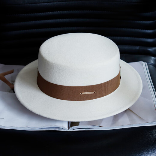 Tochino autumn and winter fashion new woolen hat for women white French large head felt hat high-end elegant flat hat camel coffee belt regular size M (55-57.5CM)